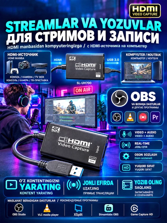 Адаптер видеозахвата HDMI-USB 4K 1080P Full HD для стримов и игр