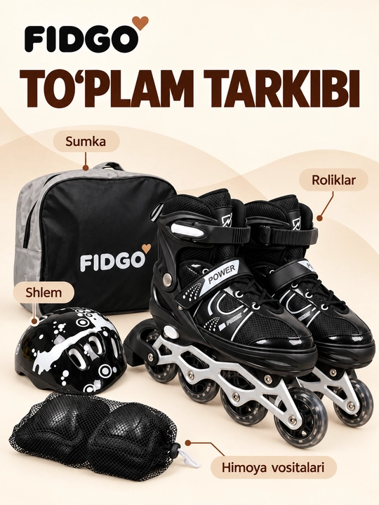 FIDGO rolikli konkilar, sozlanadigan, shlem, himoya va sumka bilan