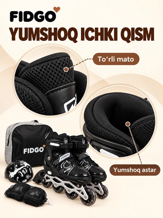 FIDGO rolikli konkilar, sozlanadigan, shlem, himoya va sumka bilan