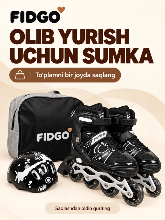 FIDGO rolikli konkilar, sozlanadigan, shlem, himoya va sumka bilan