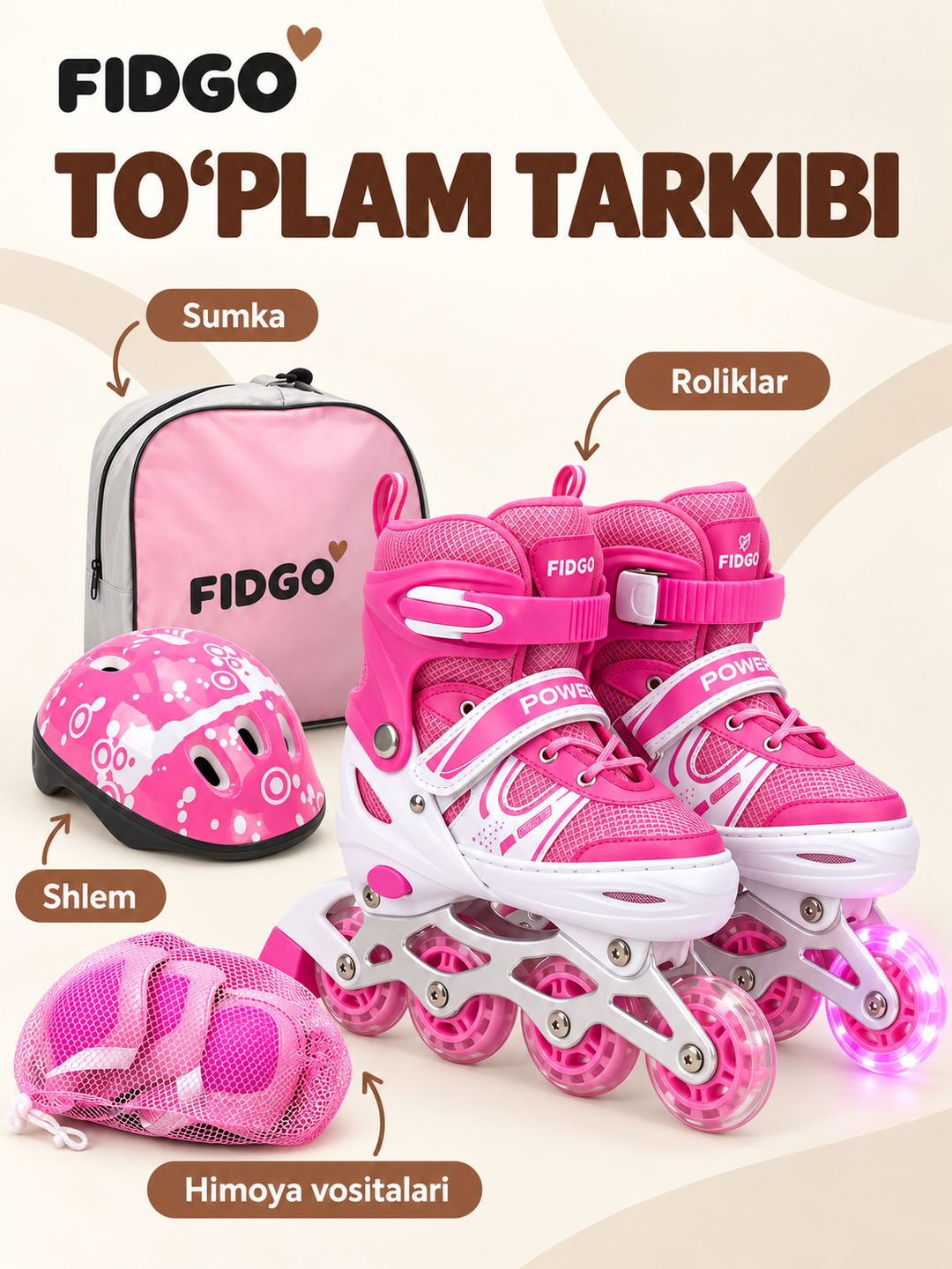 FIDGO rolikli konkilar, sozlanadigan, shlem, himoya va sumka bilan