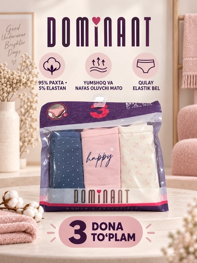 Dominant paxtadan tikilgan ayollar ichki kiyimi, 3 dona to‘plam, 95% paxta