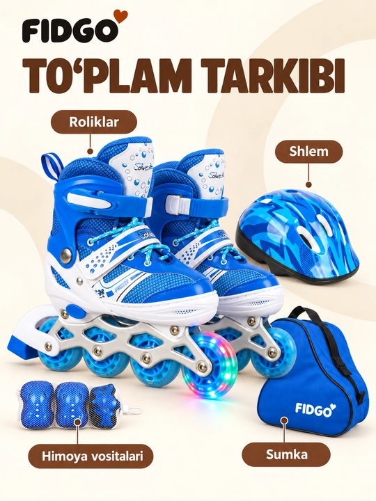 FIDGO rolikli konkilar, sozlanadigan, shlem, himoya va sumka bilan
