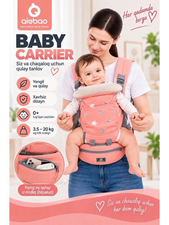 Chaqaloqlar uchun kenguru Aiebao Baby Carrier, yotqizib va o‘tirib ko‘tarish, 0+, 3,5–20