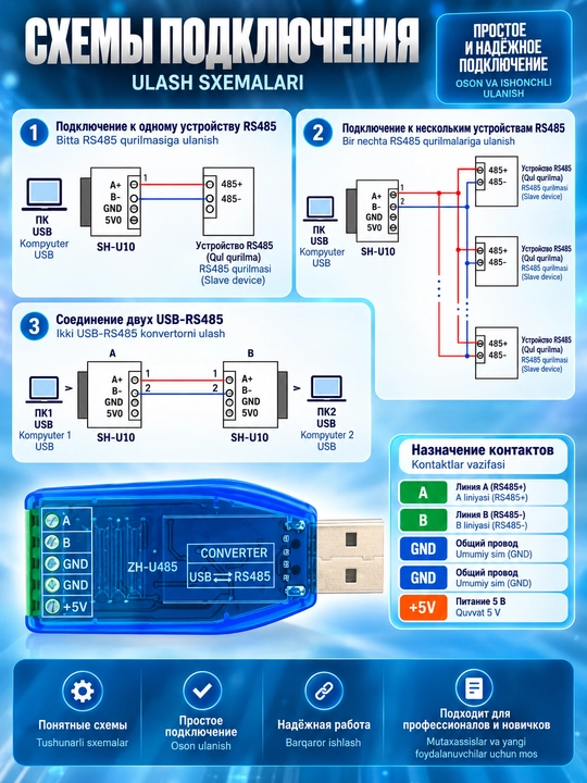 Interfeys konvertori 2 in 1 USB–RS232 / RS485, galvanik izolyatsiyali konvertor