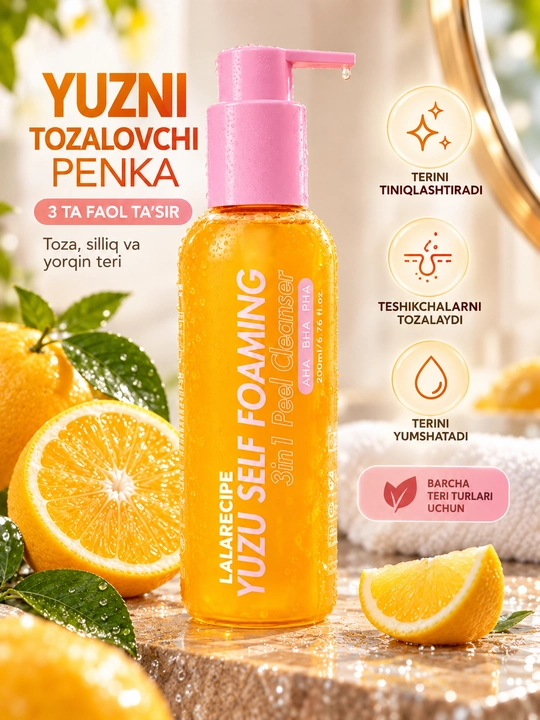 Пенка для умывания LALARECIPE Yuzu Self Foaming,3 в 1,с AHA BHA, для очищения лица, 200 мл - 
