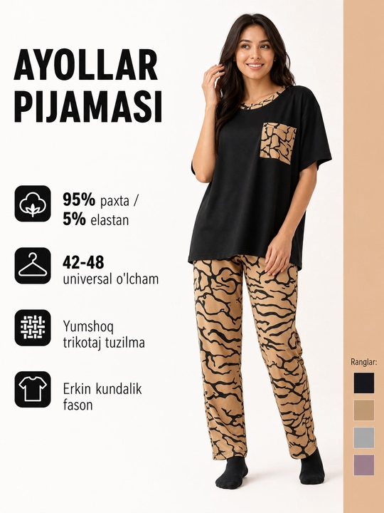 Ayollar pijama to‘plami: bosma naqshli qora futbolka va shim 2 tasi 1 da - 