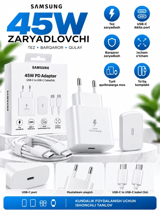 45W PD Tezkor Zaryadlovchi Adapter – USB-C 5A Kabel bilan Fast Charge Komplekti - 