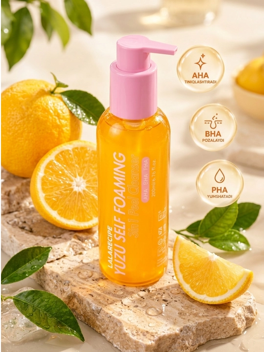 Пенка для умывания LALARECIPE Yuzu Self Foaming,3 в 1,с AHA BHA, для очищения лица, 200 мл