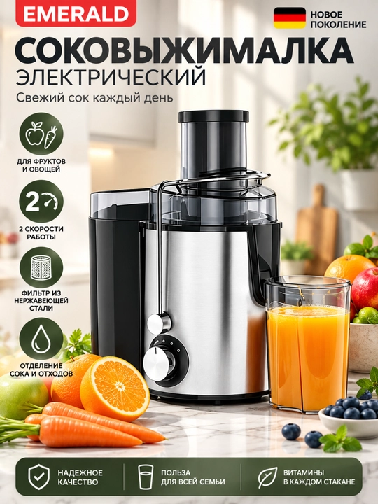 Elektr sharbat chiqargich EMERALD, 2 tezlikli, zanglamas po‘lat filtr, meva va sabzavotlar - 