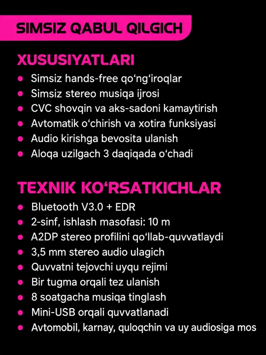 Bluetooth aux audio adapteri, 3.5 mm