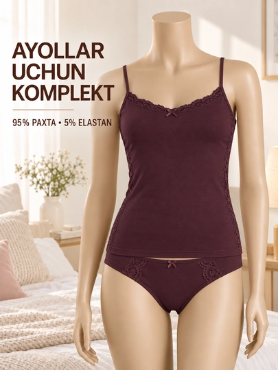 Ayollar uchun mayka va trusik to‘plami, 95% paxta, 5% elastan - 