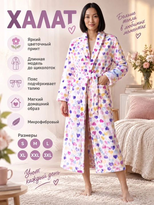 Женский халат из микрофибры — мягкий длинный халат для дома и бани - 