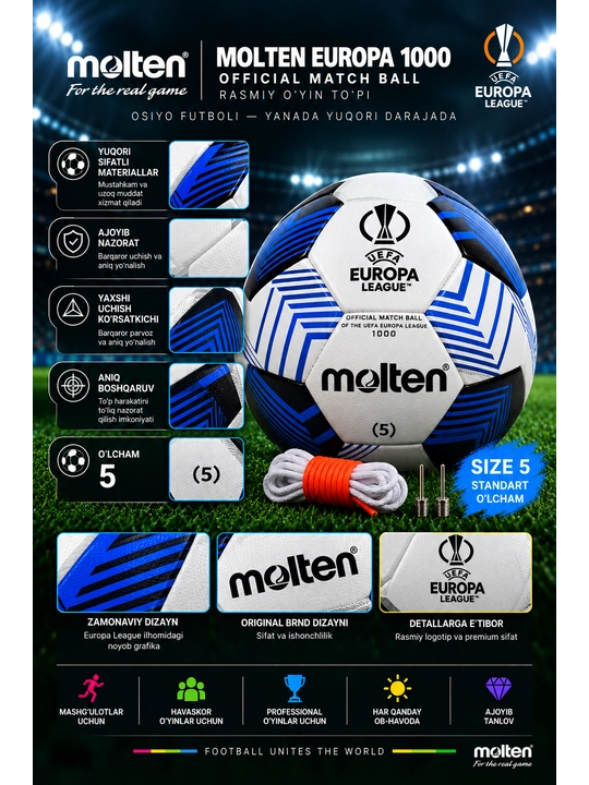 Futbol to‘pi Molten Europa League 1000, 5-o‘lcham, oq-ko‘k
