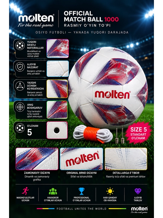 Futbol to‘pi Molten Official Match Ball 1000, 5-o‘lcham, oq-pushti