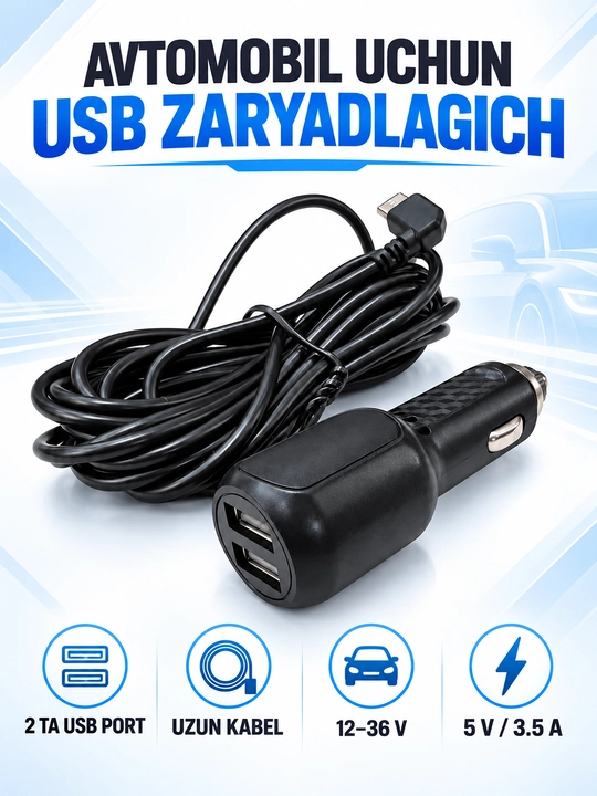Avtomobil uchun 2 USB portli kabel zaryadlagich 12–36V, 5V/3.5A (Videoregistrator uchun) - 