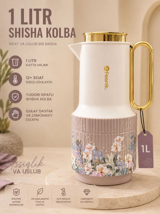 Feenik 1 litr shisha kolbali termos, 12+ soat issiq saqlaydi, premium dizayn - 