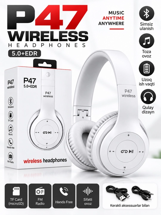 P47 Wireless 5.0+EDR simsiz quloqchin, TF karta va FM radio bilan - 
