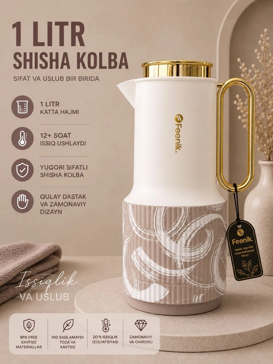 Feenik 1 litr shisha kolbali termos, 12+ soat issiq saqlaydi, premium dizayn - 