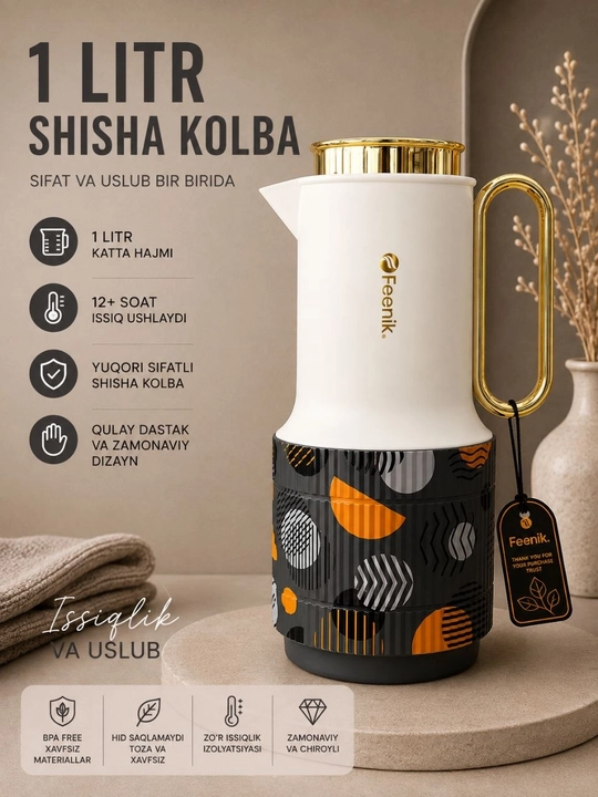 Feenik 1 litr shisha kolbali termos, 12+ soat issiq saqlaydi, premium dizayn - 