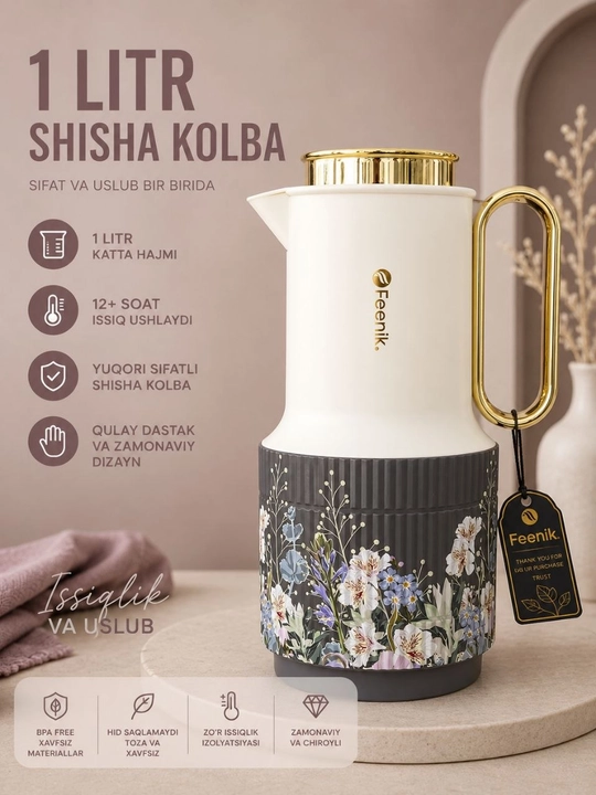Feenik 1 litr shisha kolbali termos, 12+ soat issiq saqlaydi, premium dizayn - 