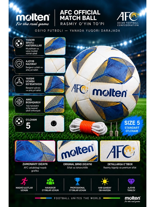 Futbol to‘pi Molten AFC Official Match Ball, 5-o‘lcham, oq-ko‘k