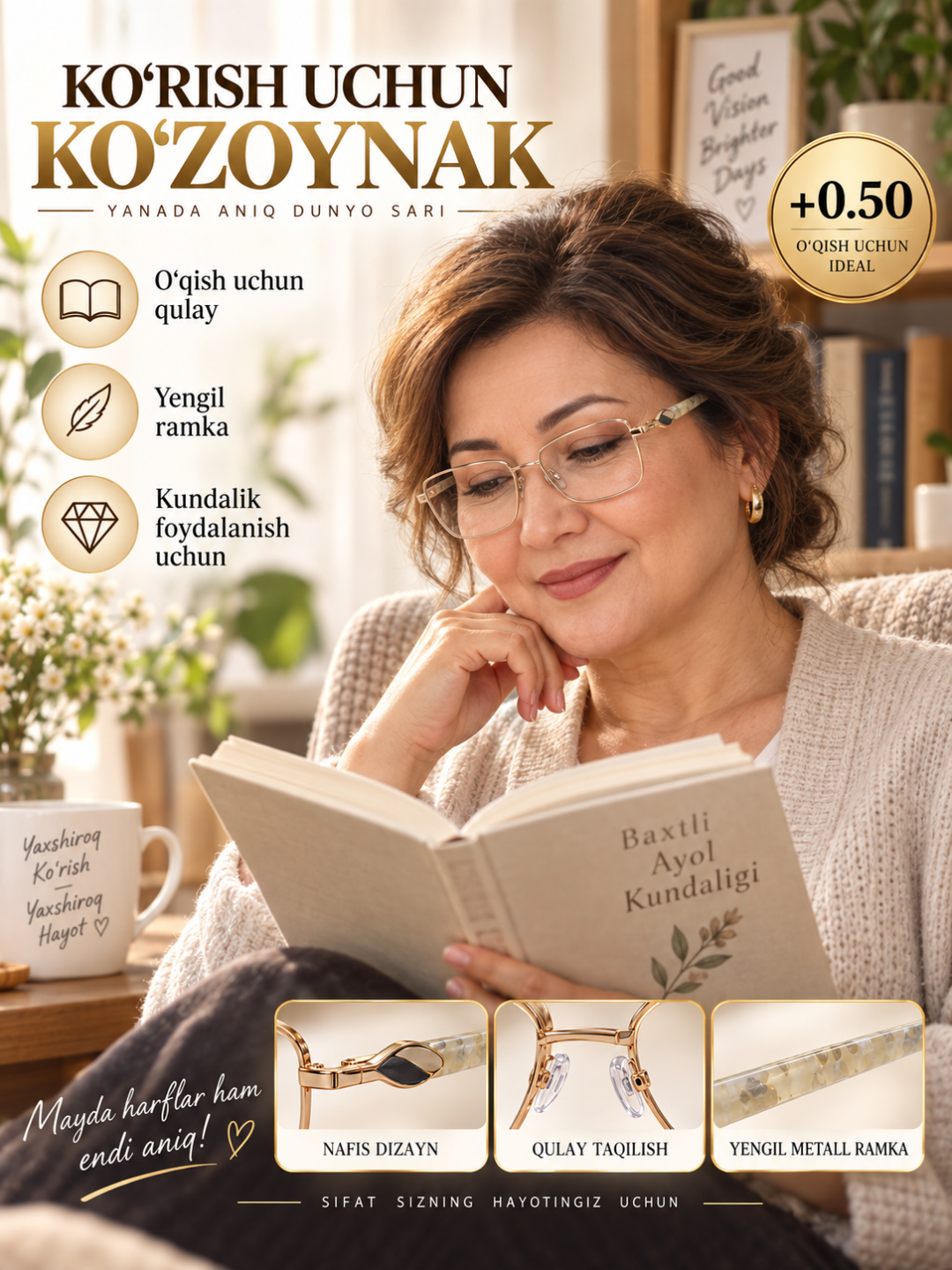 Очки для зрения плюс +0.50 в металлической оправе, для женщин и мужчин