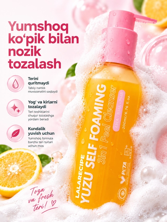 Lalarecipe YUZU self foaming, yuvish uchun gel, yuvish uchun ko‘pik,tozalovchi vosita