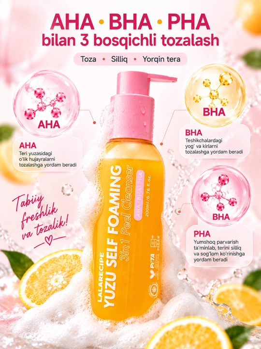 Lalarecipe YUZU self foaming, yuvish uchun gel, yuvish uchun ko‘pik,tozalovchi vosita
