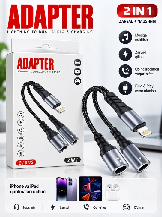 GJ-0172 Lightning 2-in-1 adapter — naushnik va zaryadlash uchun - 
