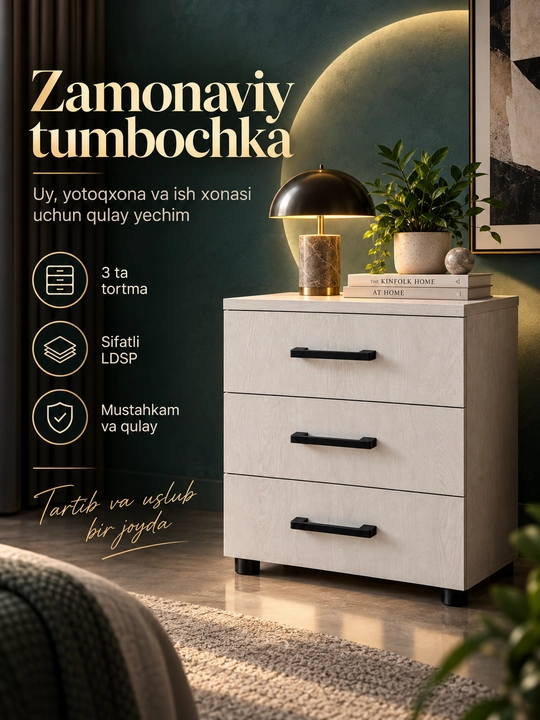 Тумбочка с 3 ящиками из ЛДСП для спальни, дома и офиса 45×45×55 см - 