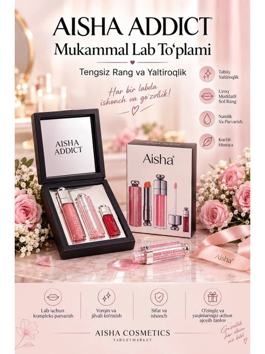 Aisha Addict Lablar uchun kosmetik to‘plam 3 tasi 1 da – blesk, pomada, tint, Makeup Set - 