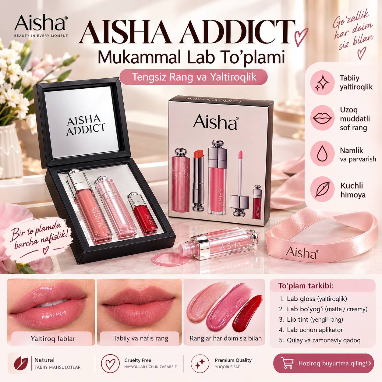 Aisha Addict Lablar uchun kosmetik to‘plam 3 tasi 1 da – blesk, pomada, tint, Makeup Set