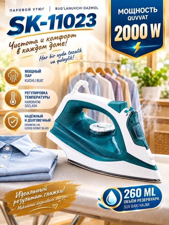 SOKANY SK-11023 утюг 2000Вт керамическая подошва вертикальный пар - 