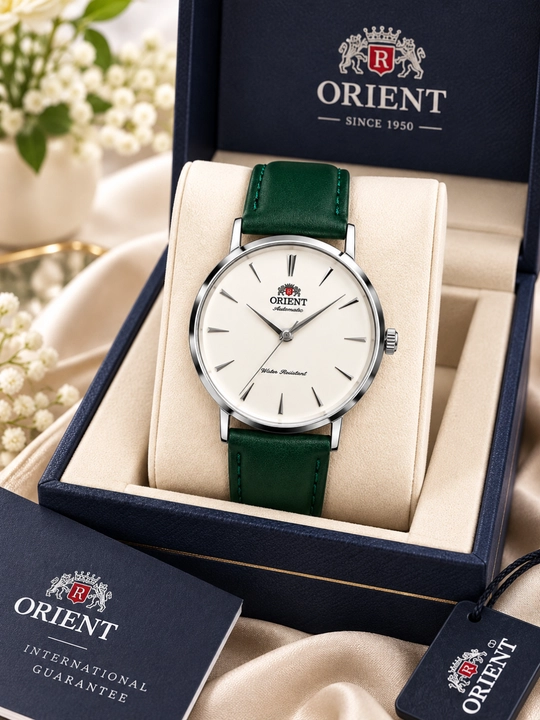 Orient erkaklar qo‘l soati, klassik dizayn, kvarts mexanizm, charm tasma