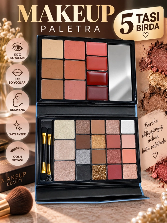 Ten, rumyana, lab boyoq, kontur va haylayter hammasi bir joyda, palitra kitob 5 tasi 1 da