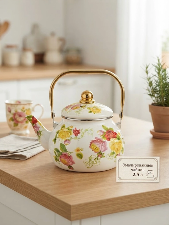 Gulli naqshli va oltin tutqichli 2.5 litrli emallangan choynak - 