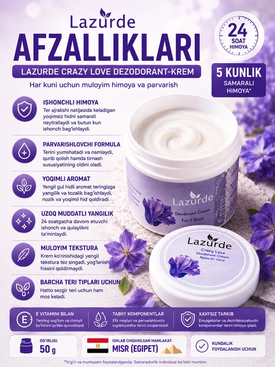 Lazurde ter hidiga qarshi krem-dezodorant antiperspirant, 50 g