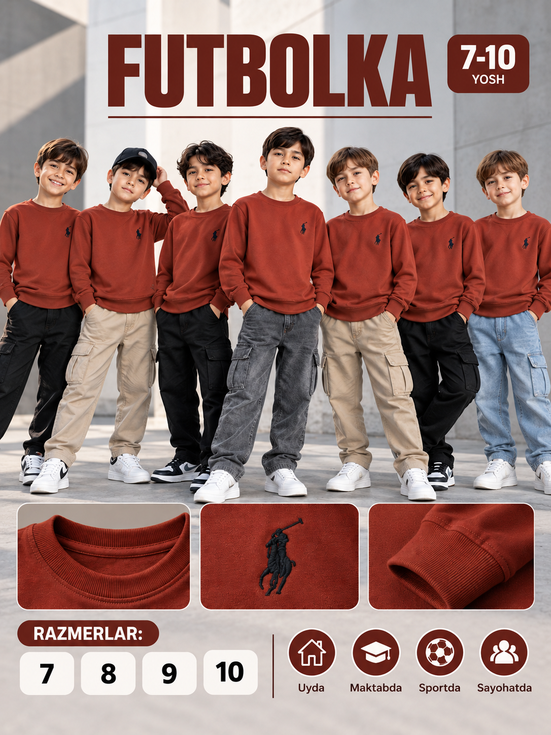 Детская футболка с длинным рукавом, 7–10 лет - 