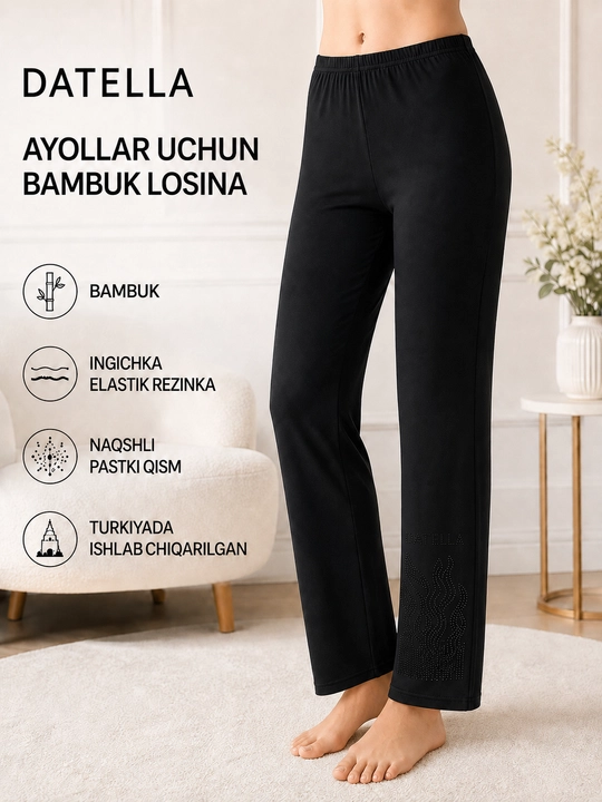 Ayollar uchun uzun bambuk losina Datella — toshli naqshli, qora, Turkiya - 