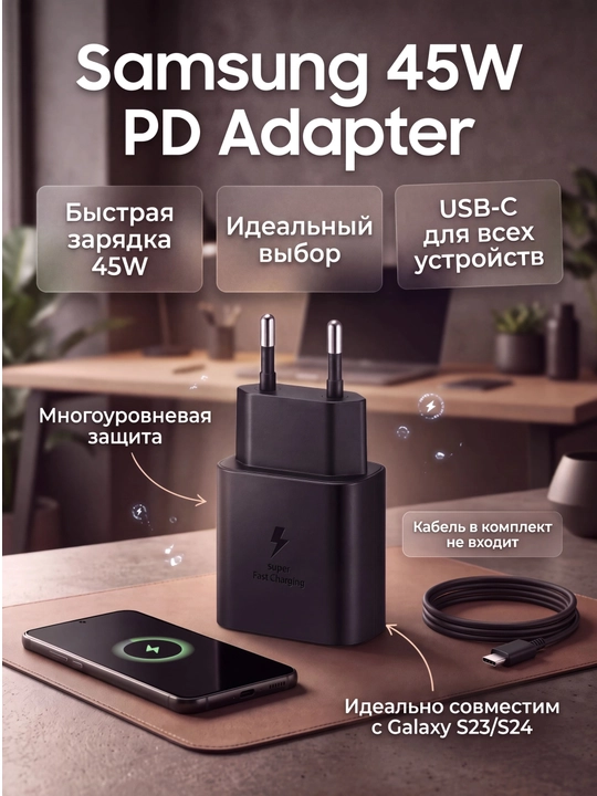 Сетевое зарядное устройство Samsung 45W PD Adapter USB-C, быстрая зарядка - 
