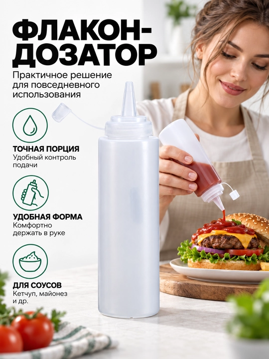Sous uchun qopqoqli va tumshuqli plastik idish-dispenser, shaffof - 