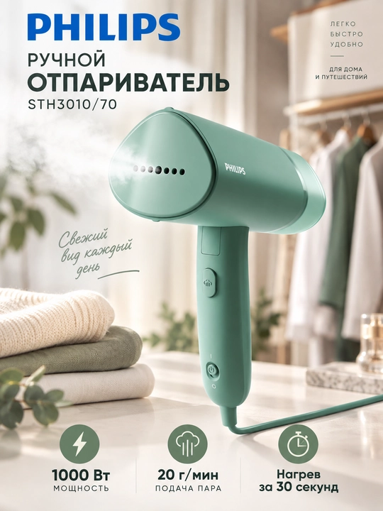 Ручной отпариватель Philips STH3010/70, 1000 Вт, 20 г/мин, складной - 