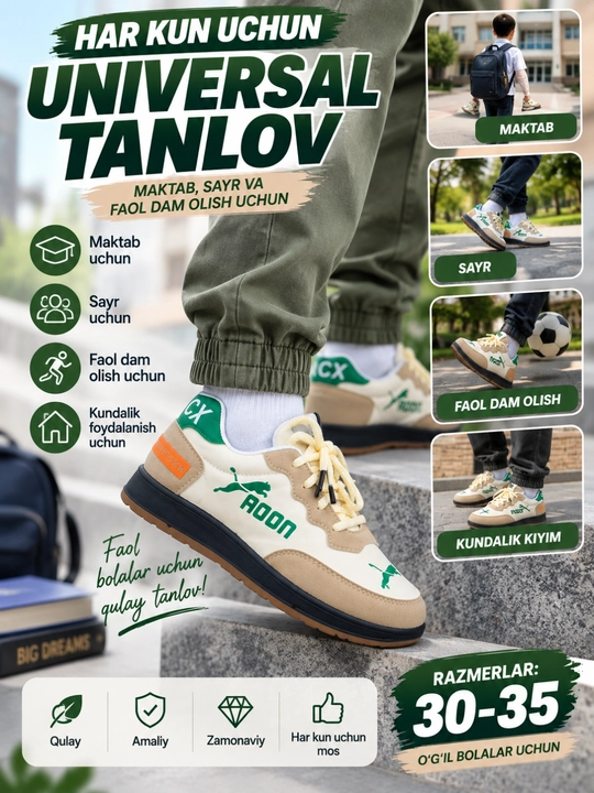 O‘g‘il bolalar krossovkasi 30–35, malomerka, maktab va sayr uchun oyoq kiyim