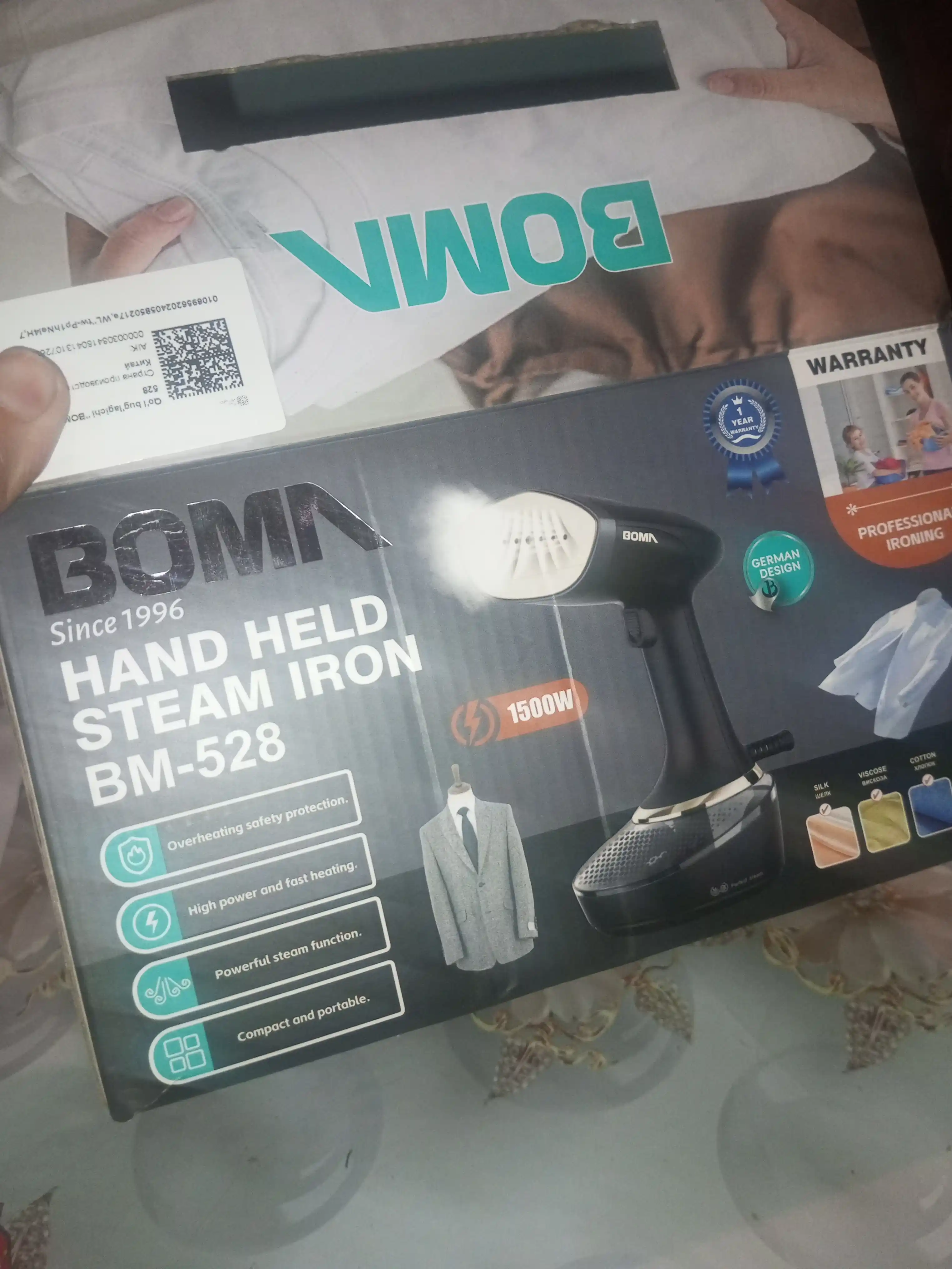 BOMA qo‘l va vertikal bug‘latgich (1500-2000 Vt), 17 soniyada tez isitiladi, 300 ml-2L