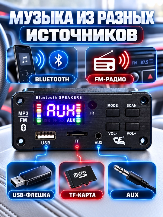 Встраиваемый MP3-декодер JS-M519-V1.3, 12В, Bluetooth, FM, USB, TF, AUX, с пультом