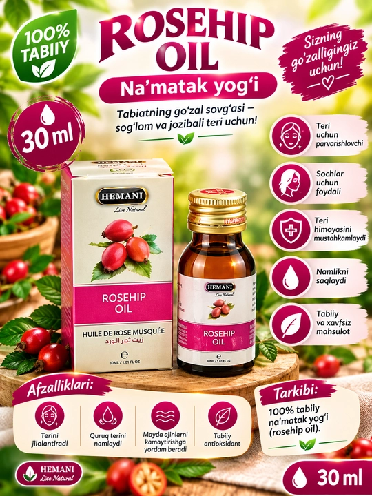 Na’matak va rastoropsha moyi teri, yuz, soch, tana va massaj uchun 100% tabiiy moy