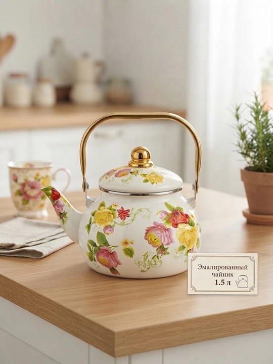 Emal qilingan choynak 1.5 l gulli naqshli va tillarang tutqichli - 