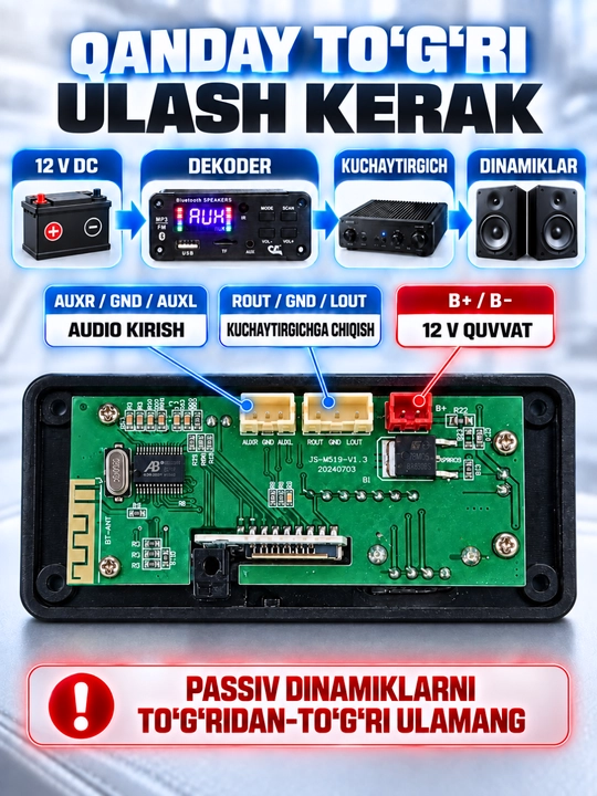 Встраиваемый MP3-декодер JS-M519-V1.3, 12В, Bluetooth, FM, USB, TF, AUX, с пультом