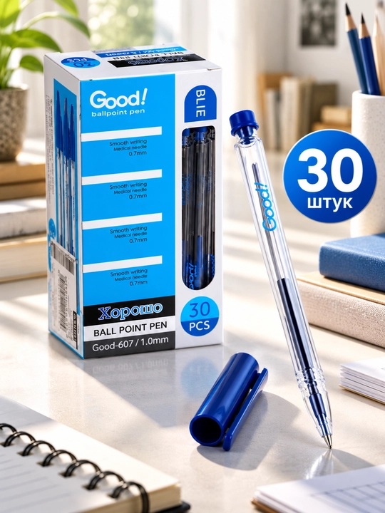 Sharli ruchka Good 607, ko‘k siyohli, 1.0 mm, tiniq korpus, yozish uchun, 30 dona to‘plam - 